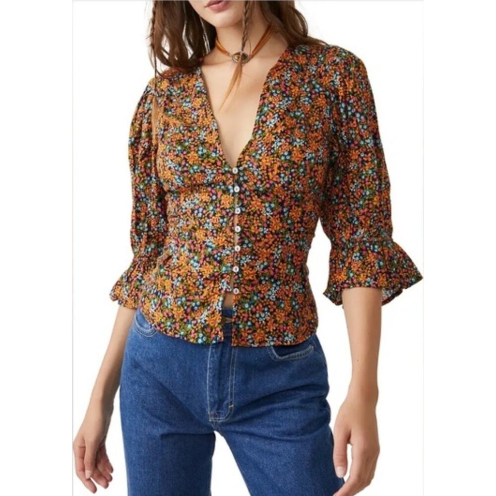 Free People I Found You Floral Orange Cotton Printed Top Small New